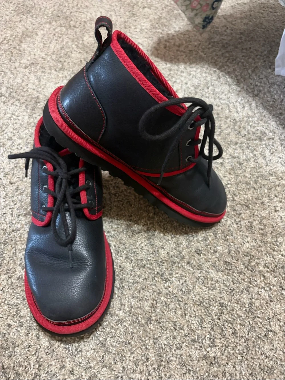 UGG Kids Black Boots with Red Trim